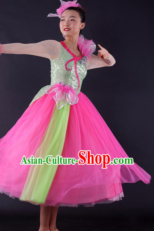 Professional Modern Dance Rosy Veil Dress Opening Dance Compere Stage Performance Costume for Women