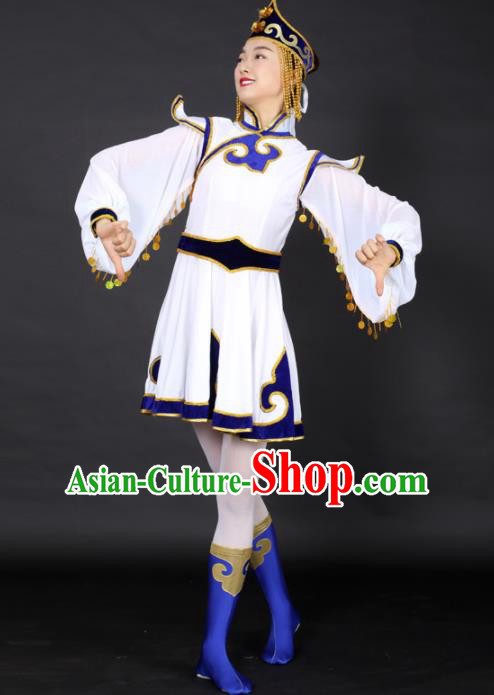 Chinese Mongolian Dance White Dress Traditional Mongol Nationality Stage Performance Costume for Women