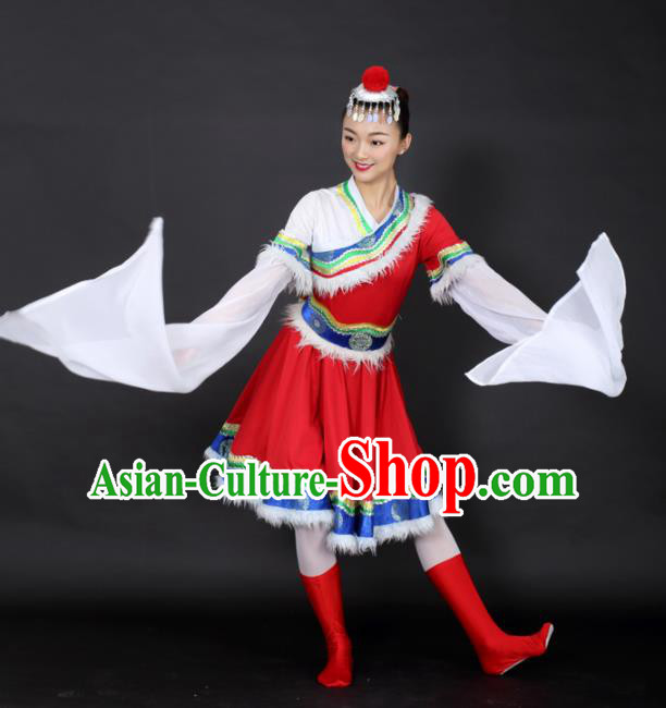 Chinese Tibetan Dance Red Short Dress Traditional Zang Nationality Stage Performance Costume for Women