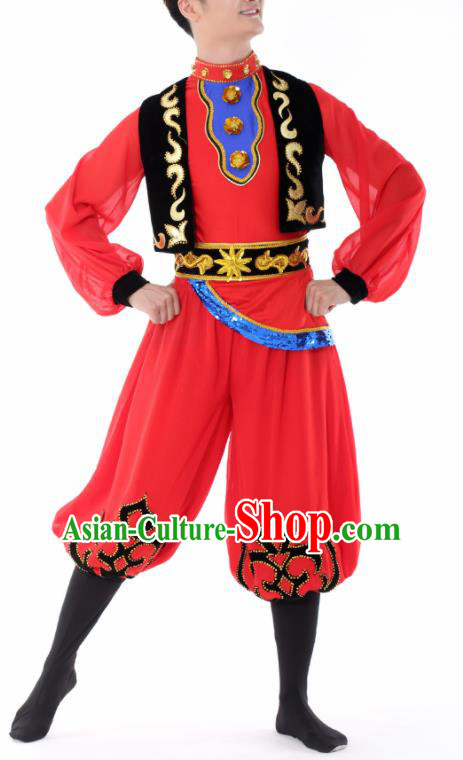 Chinese Traditional Uyghur Nationality Dance Red Clothing China Folk Dance Stage Performance Costume for Men