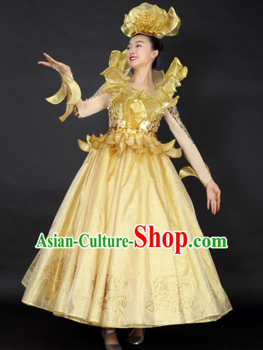 Professional Modern Dance Golden Dress Opening Dance Compere Stage Performance Costume for Women