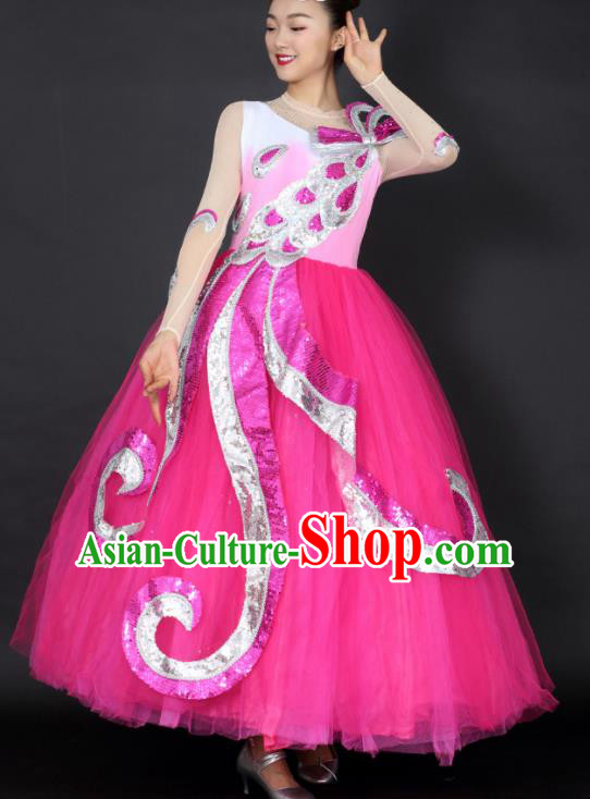 Professional Compere Modern Dance Rosy Dress Opening Dance Stage Performance Costume for Women