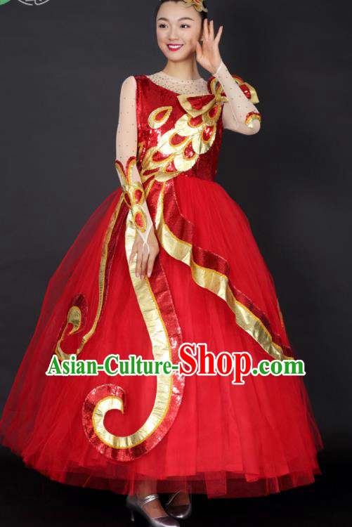 Professional Compere Modern Dance Red Dress Opening Dance Stage Performance Costume for Women