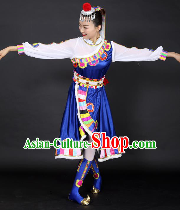 Chinese Tibetan Dance Royalblue Dress Traditional Zang Nationality Stage Performance Costume for Women