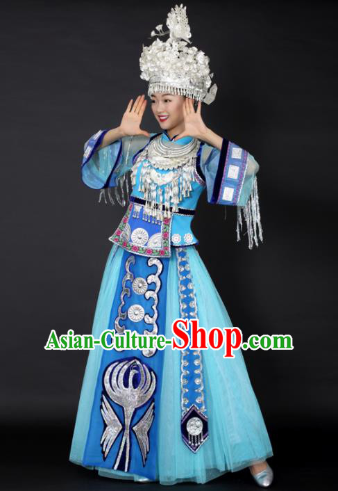 Chinese Hmong Dance Blue Dress Traditional Miao Nationality Stage Performance Costume for Women