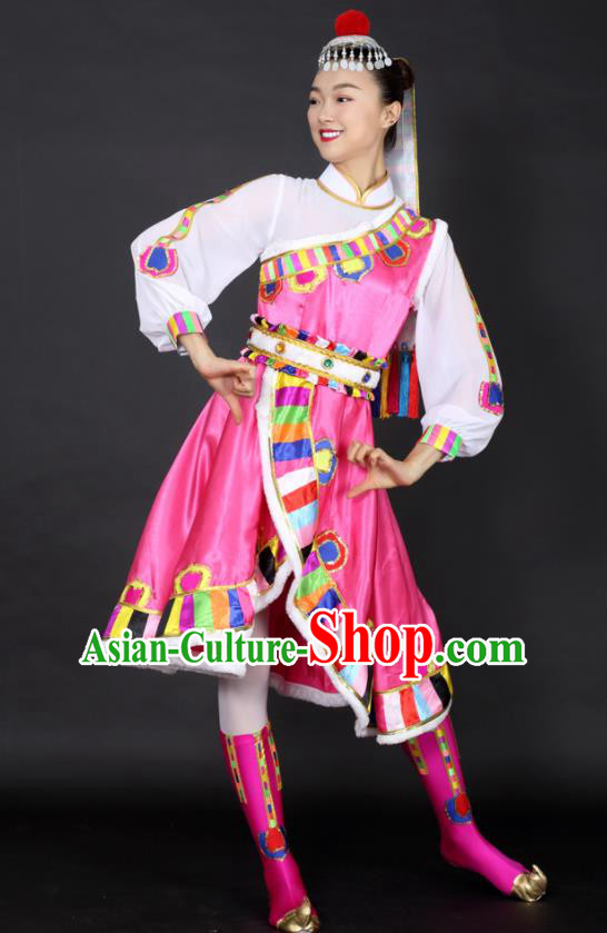 Chinese Tibetan Dance Pink Dress Traditional Zang Nationality Stage Performance Costume for Women