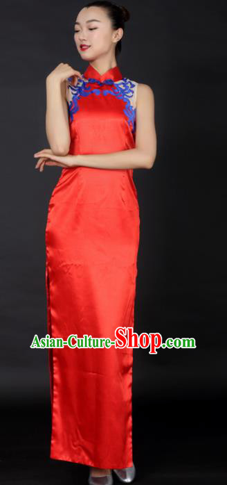 Chinese Classical Dance Red Qipao Dress Traditional Fan Dance Stage Performance Costume for Women