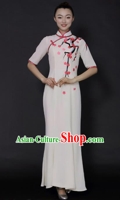 Chinese Classical Dance White Qipao Dress Traditional Fan Dance Stage Performance Costume for Women