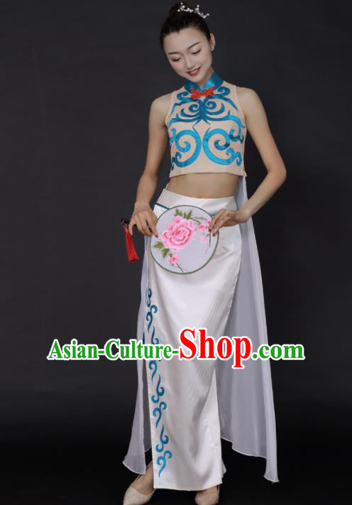 Chinese Classical Dance White Dress Traditional Fan Dance Stage Performance Costume for Women