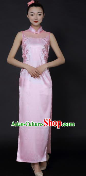 Chinese Classical Dance Pink Qipao Dress Traditional Fan Dance Stage Performance Costume for Women