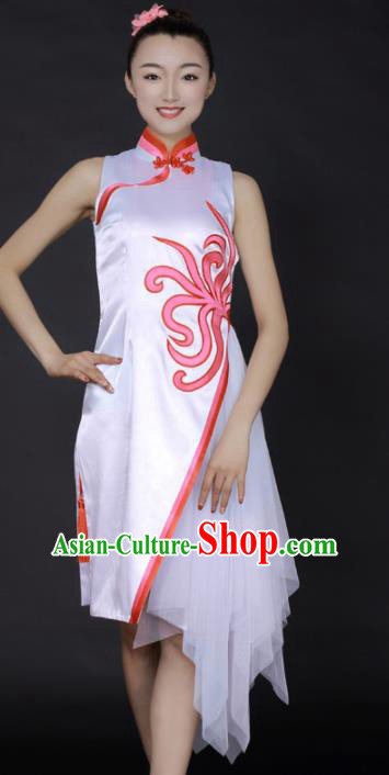 Chinese Classical Dance White Veil Short Qipao Dress Traditional Fan Dance Stage Performance Costume for Women