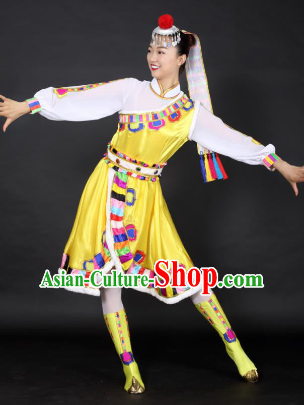 Chinese Tibetan Dance Yellow Dress Traditional Zang Nationality Stage Performance Costume for Women