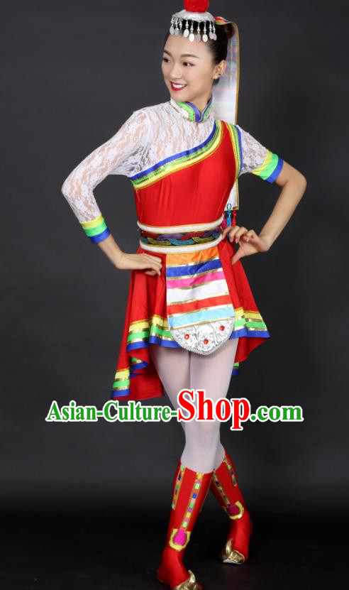 Chinese Tibetan Dance Red Short Dress Traditional Zang Nationality Stage Performance Costume for Women