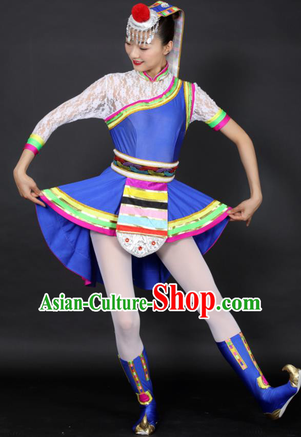 Chinese Tibetan Dance Blue Short Dress Traditional Zang Nationality Stage Performance Costume for Women