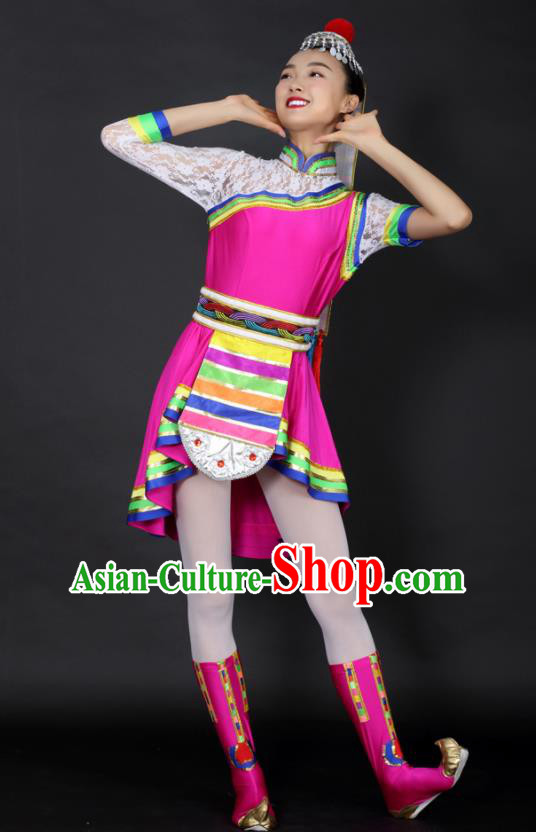 Chinese Tibetan Dance Rosy Short Dress Traditional Zang Nationality Stage Performance Costume for Women
