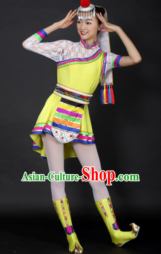 Chinese Tibetan Dance Yellow Short Dress Traditional Zang Nationality Stage Performance Costume for Women