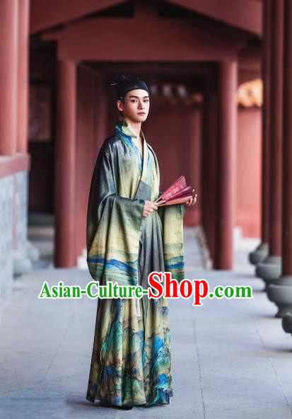 Chinese Traditional Ming Dynasty Scholar Historical Costume Ancient Taoist Green Robe for Men