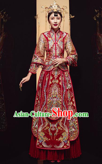 Chinese Traditional Embroidered Drilling Phoenix Xiuhe Suits Wedding Dress Ancient Bride Costume for Women