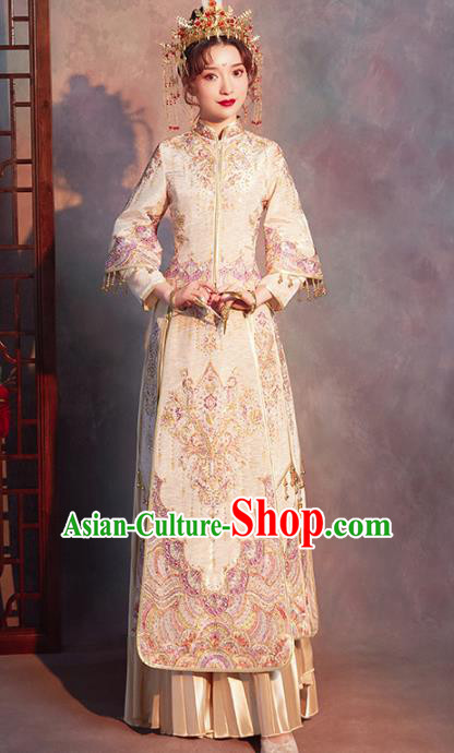 Chinese Traditional Embroidered Drilling Champagne Xiuhe Suits Wedding Dress Ancient Bride Costume for Women