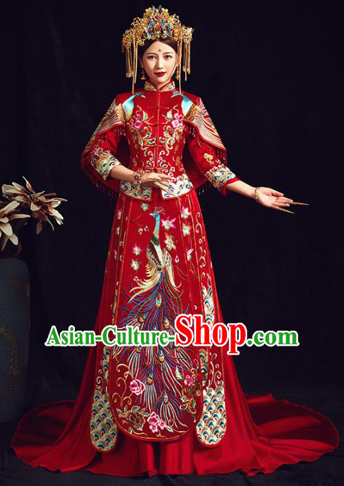 Chinese Traditional Bride Embroidered Phoenix Peony Red Xiuhe Suits Wedding Dress Ancient Costume for Women