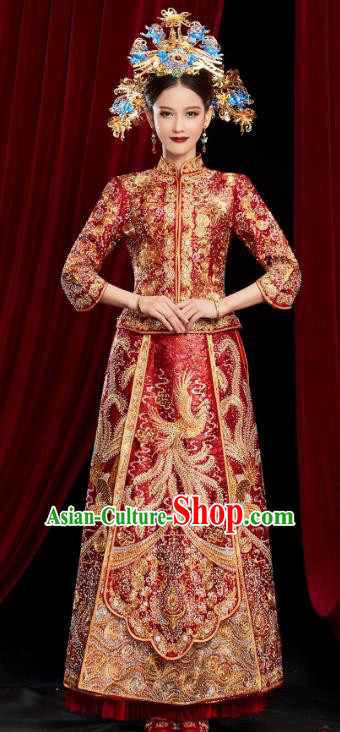 Chinese Traditional Embroidered Phoenix Red Xiuhe Suits Wedding Dress Ancient Bride Costume for Women