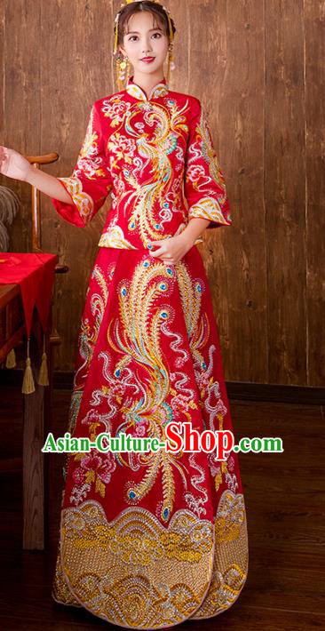 Chinese Traditional Bride Embroidered Phoenix Xiuhe Suits Red Wedding Dress Ancient Costume for Women