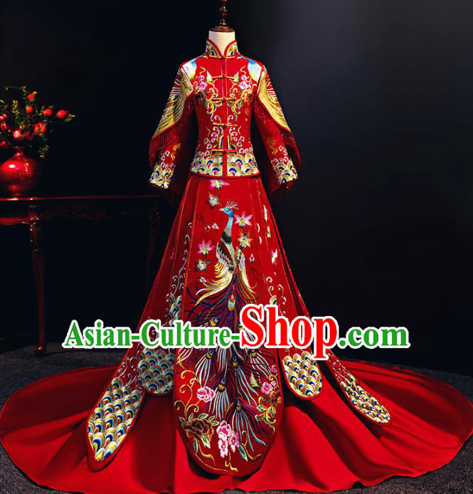 Chinese Traditional Bride Embroidered Trailing Xiuhe Suits Red Wedding Dress Ancient Costume for Women