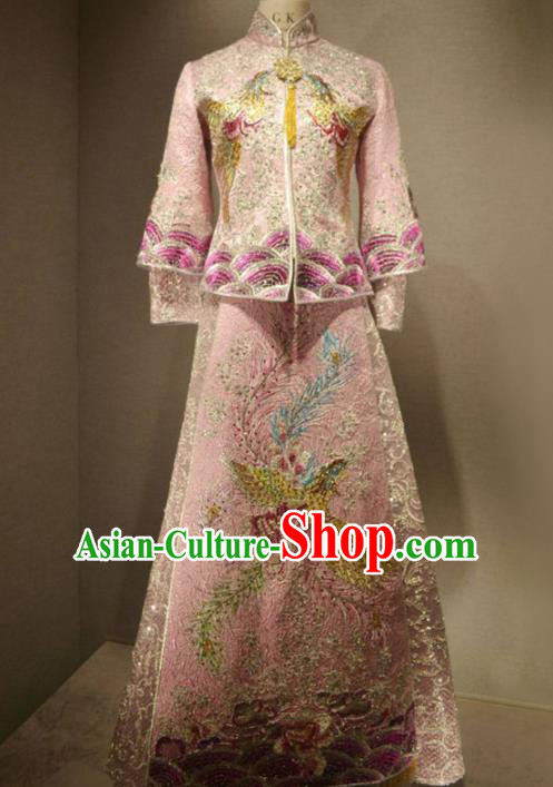 Chinese Traditional Wedding Embroidered Pink Diamante Xiuhe Suits Bride Dress Ancient Costume for Women