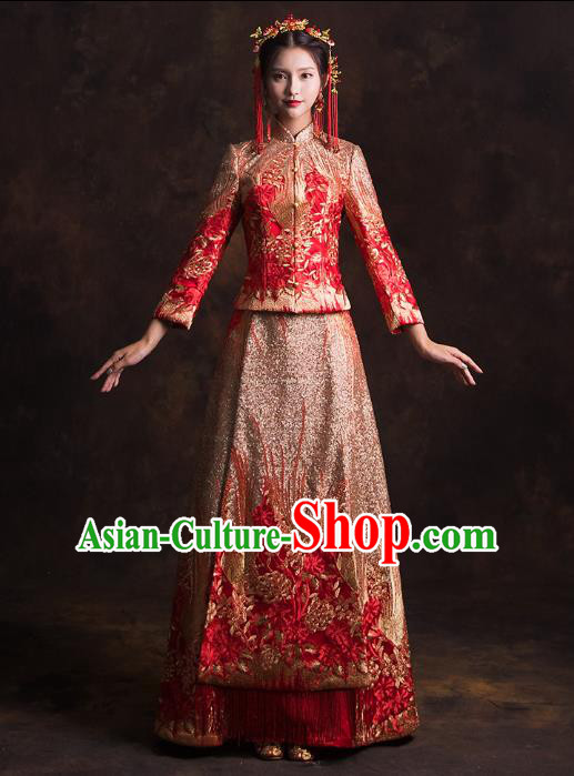 Chinese Traditional Embroidered Red Diamante Xiuhe Suits Wedding Bride Dress Ancient Costume for Women