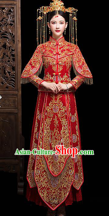 Chinese Embroidered Red Xiuhe Suits Traditional Wedding Bride Dress Ancient Costume for Women