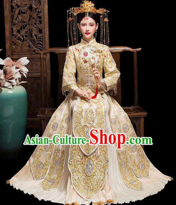 Chinese Embroidered Champagne Xiuhe Suits Traditional Wedding Bride Dress Ancient Costume for Women