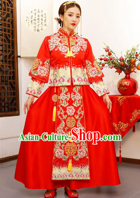 Chinese Embroidered Peony Longfeng Flown Wedding Xiuhe Suits Traditional Bride Dress Ancient Costume for Women