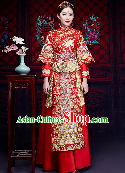 Chinese Ancient Wedding Embroidered Longfeng Flown Xiuhe Suits Traditional Bride Dress Costume for Women