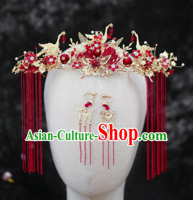 Chinese Traditional Wedding Red Tassel Crane Phoenix Coronet Hair Accessories for Women