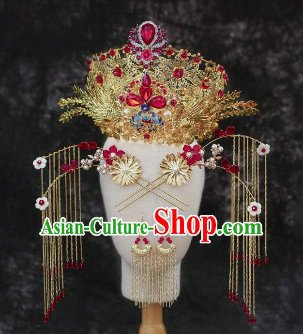 Chinese Traditional Wedding Red Crystal Phoenix Coronet and Tassel Hairpins Hair Accessories for Women