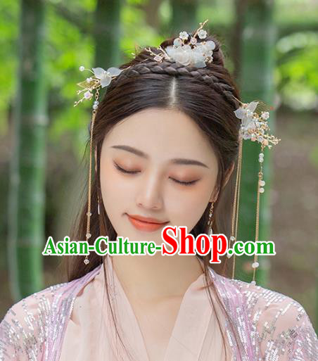 Chinese Traditional Hanfu White Flowers Hair Comb and Tassel Hairpin Ancient Hair Accessories for Women