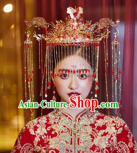 Chinese Traditional Wedding Bride Red Peacock Phoenix Coronet Tassel Hairpins Hair Accessories for Women