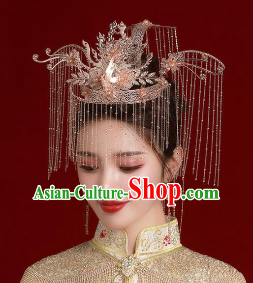 Chinese Traditional Wedding Bride Golden Phoenix Coronet Tassel Hairpins Hair Accessories for Women