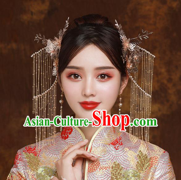 Chinese Traditional Wedding Bride Golden Hair Claws and Tassel Hairpins Hair Accessories for Women