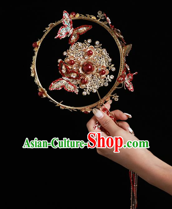 Chinese Traditional Red Butterfly Palace Fans Handmade Classical Hanfu Wedding Fan for Women