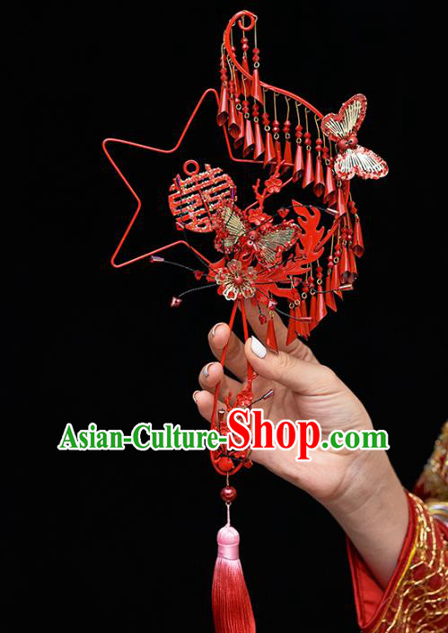 Chinese Traditional Red Tassel Palace Fans Handmade Classical Hanfu Wedding Fan for Women