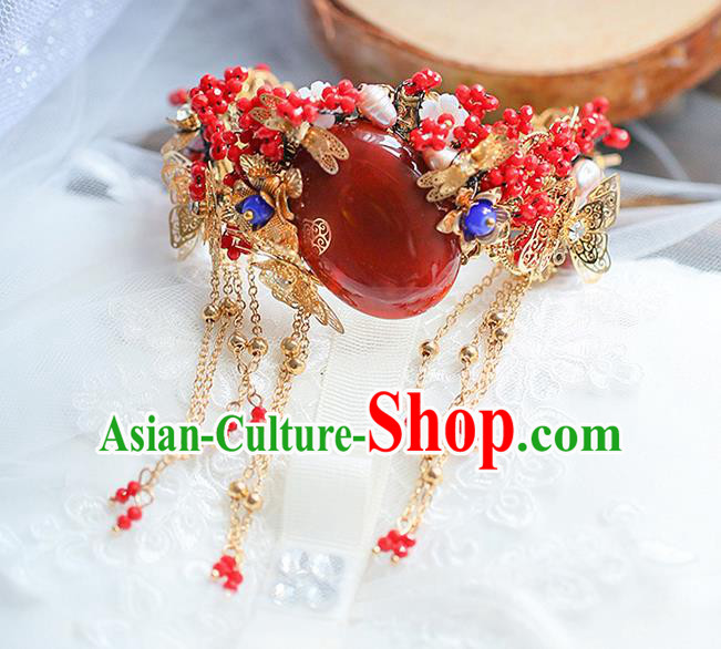 Chinese Traditional Hanfu Red Gem Tassel Hairpins Ancient Hair Accessories for Women