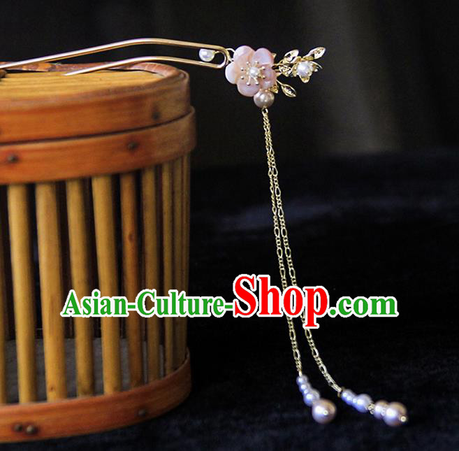 Chinese Traditional Hanfu Pink Plum Tassel Hairpins Ancient Hair Accessories for Women