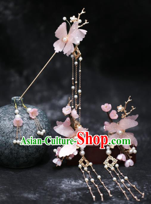 Chinese Traditional Hanfu Pink Silk Butterfly Hairpins and Hair Claws Hair Accessories Complete Set for Women