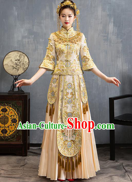 Chinese Traditional Embroidered Golden Xiuhe Suits Wedding Dress Ancient Bride Costume for Women