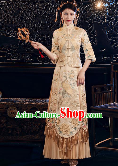 Chinese Traditional Embroidered Peacock Golden Xiuhe Suits Wedding Dress Ancient Bride Costume for Women