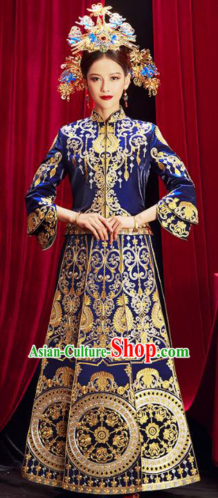 Chinese Traditional Bride Embroidered Royalblue Xiuhe Suits Wedding Dress Ancient Costume for Women