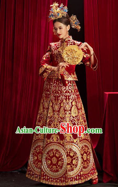 Chinese Traditional Bride Embroidered Red Xiuhe Suits Wedding Dress Ancient Costume for Women