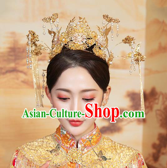 Chinese Traditional Wedding Pearls Tassel Golden Phoenix Coronet Hair Accessories for Women