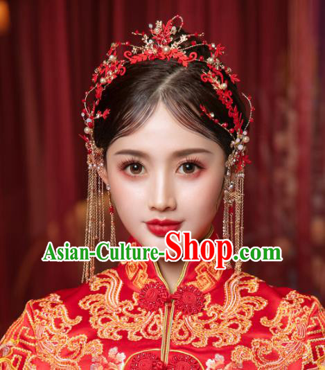 Chinese Traditional Hanfu Red Glass Hairpins and Hair Claws Hair Accessories Complete Set for Women